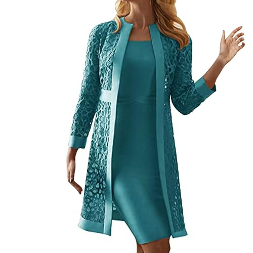 Dyhxuan Abendkleid Damen ärmellos Ballkleid mit Roundhals Knielang Cocktailkleid Zweiteiliges Set Damen Kleider Einfarbige Partykleid + Langarm Spitze Cardigan Jacke Abiballkleid Brautjungfern Kleid von Dyhxuan