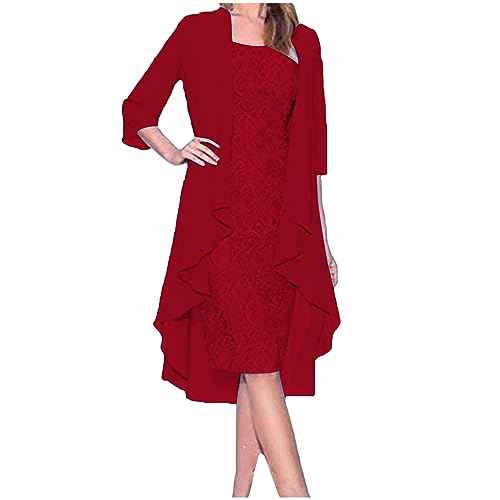 Dyhxuan Abendkleid Damen ärmellos Ballkleid mit Roundhals Knielang Cocktailkleid Zweiteiliges Set Damen Kleider Einfarbige Partykleid + Langarm Spitze Cardigan Jacke Abiballkleid Brautjungfern Kleid von Dyhxuan