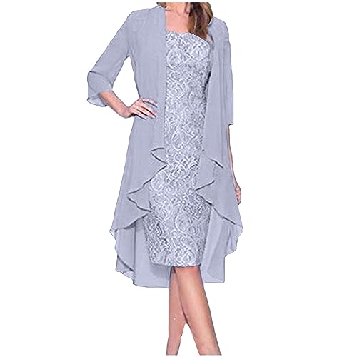 Dyhxuan Abendkleid Damen ärmellos Ballkleid mit Roundhals Knielang Cocktailkleid Zweiteiliges Set Damen Kleider Einfarbige Partykleid + Langarm Spitze Cardigan Jacke Abiballkleid Brautjungfern Kleid von Dyhxuan