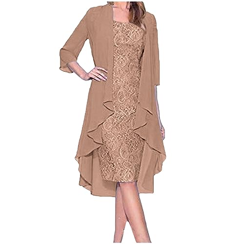 Dyhxuan Abendkleid Damen ärmellos Ballkleid mit Roundhals Knielang Cocktailkleid Zweiteiliges Set Damen Kleider Einfarbige Partykleid + Langarm Spitze Cardigan Jacke Abiballkleid Brautjungfern Kleid von Dyhxuan