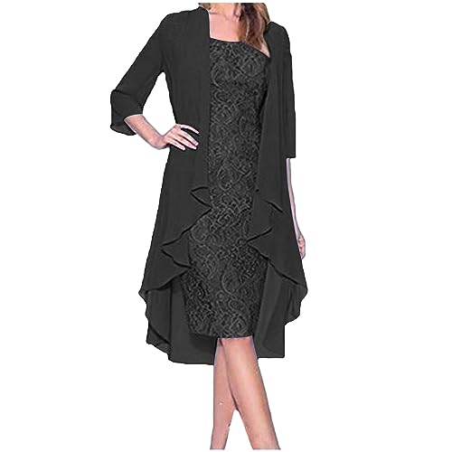 Dyhxuan Abendkleid Damen ärmellos Ballkleid mit Roundhals Knielang Cocktailkleid Zweiteiliges Set Damen Kleider Einfarbige Partykleid + Langarm Spitze Cardigan Jacke Abiballkleid Brautjungfern Kleid von Dyhxuan