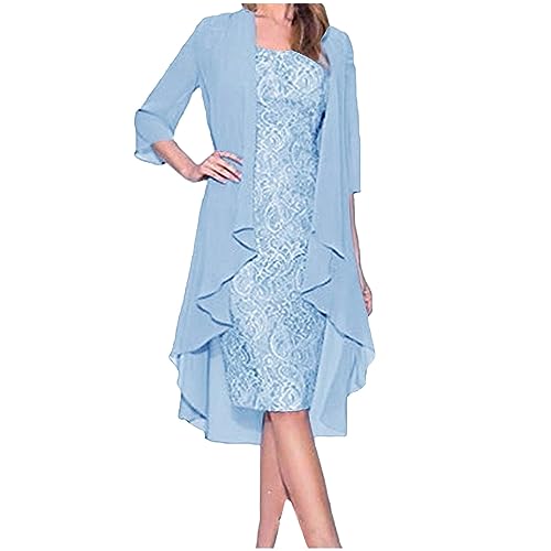 Dyhxuan Abendkleid Damen ärmellos Ballkleid mit Roundhals Knielang Cocktailkleid Zweiteiliges Set Damen Kleider Einfarbige Partykleid + Langarm Spitze Cardigan Jacke Abiballkleid Brautjungfern Kleid von Dyhxuan