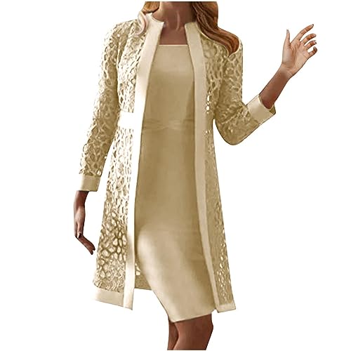 Dyhxuan Abendkleid Damen ärmellos Ballkleid mit Roundhals Knielang Cocktailkleid Zweiteiliges Set Damen Kleider Einfarbige Partykleid + Langarm Spitze Cardigan Jacke Abiballkleid Brautjungfern Kleid von Dyhxuan
