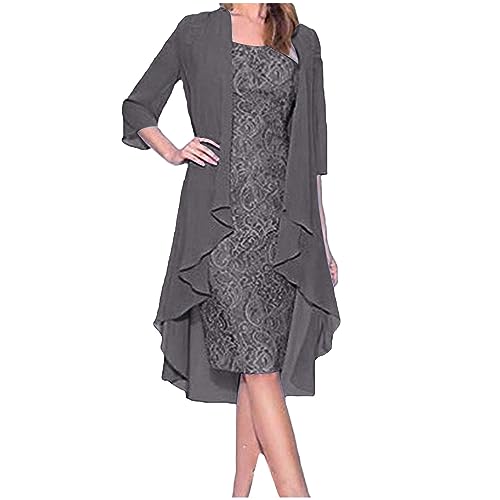 Dyhxuan Abendkleid Damen ärmellos Ballkleid mit Roundhals Knielang Cocktailkleid Zweiteiliges Set Damen Kleider Einfarbige Partykleid + Langarm Spitze Cardigan Jacke Abiballkleid Brautjungfern Kleid von Dyhxuan
