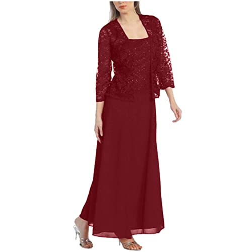 Dyhxuan Abendkleid Damen ärmellos Ballkleid mit Roundhals Knielang Cocktailkleid Zweiteiliges Set Damen Kleider Einfarbige Partykleid + Langarm Spitze Cardigan Jacke Abiballkleid Brautjungfern Kleid von Dyhxuan