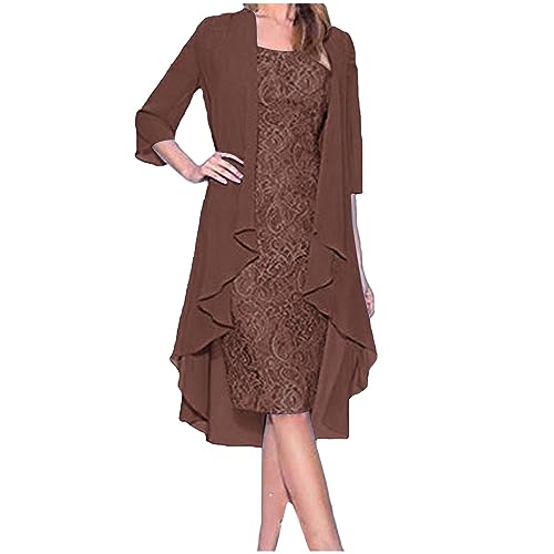 Dyhxuan Abendkleid Damen ärmellos Ballkleid mit Roundhals Knielang Cocktailkleid Zweiteiliges Set Damen Kleider Einfarbige Partykleid + Langarm Spitze Cardigan Jacke Abiballkleid Brautjungfern Kleid von Dyhxuan