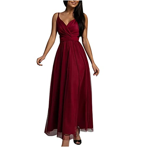 Dyhxuan Abendkleid Lang Damen Elegant Tüll Ballkleid Sexy Ärmellos Spaghetti Cocktailkleid Einafrbige Partykleid Hohe Taille Tüllkleid V-Ausschnitt Hochzeitskleid Abiballkleid Knöchellang Maxikleid von Dyhxuan