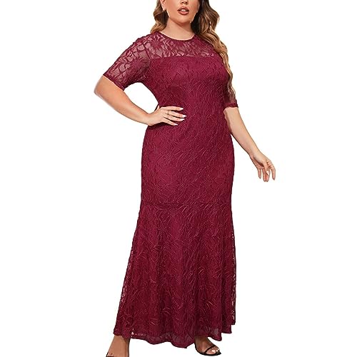 Dyhxuan Abendkleid Lang Damen Spitze Patchwork Ballkleid 5XL Siebenteilige Ärmel Rundhals Partykleid Einfarbige Hohe Taille Cocktailkleid Abiballkleid Knöchellang Maxikleid Brautjungfern Kleider von Dyhxuan
