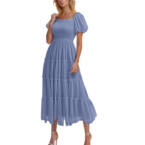 Dyhxuan Abendkleider Damen Mesh Plissee Midikleid Puffel Kurzarm Cocktailkleid Elegant Eckiger Ausschnitt Kleid Hohe Taille Swing Kleider Stretch Abiballkleider Leicht und Luftig Sommerkleider von Dyhxuan