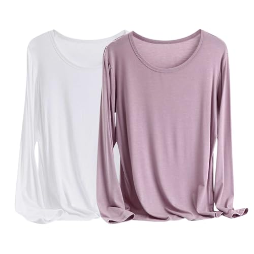 Dyhxuan Basic Pullover Damen 2 Teiler Modal Langarmshirt Lässig Einfarbige Shirt Weich Bequeme Longshirt Leichte Langarm Oberteile mit Rundhals Locker Pyjamashirt Autumn Winter Longtops XL-6XL von Dyhxuan