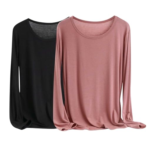 Dyhxuan Basic Pullover Damen 2 Teiler Modal Langarmshirt Lässig Einfarbige Shirt Weich Bequeme Longshirt Leichte Langarm Oberteile mit Rundhals Locker Pyjamashirt Autumn Winter Longtops XL-6XL von Dyhxuan
