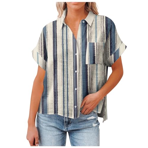 Dyhxuan Baumwolle Leinen Damen Bluse Sommer Shirt mit Knöpfe Vintage MarmorStreifen Druck Tshirt Kurzarm Umlegekragen Blusen Leichte Hemdbluse für Frauen Sommerlich Oberteile mit Tasche von Dyhxuan