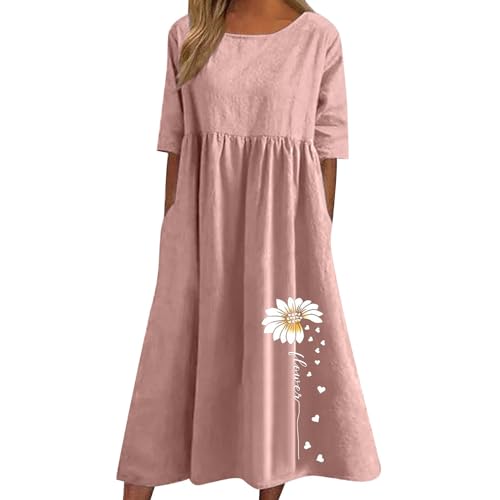 Dyhxuan Baumwolle Leinen Kleid Damen Lässig Einfarbige Sommerkleid Große Größen Leinenkleid Kurzarm Rundhals Maxikleid Blumendruck A-Linie Kleider Locker Blusenkleid mit Taschen S-5XL von Dyhxuan