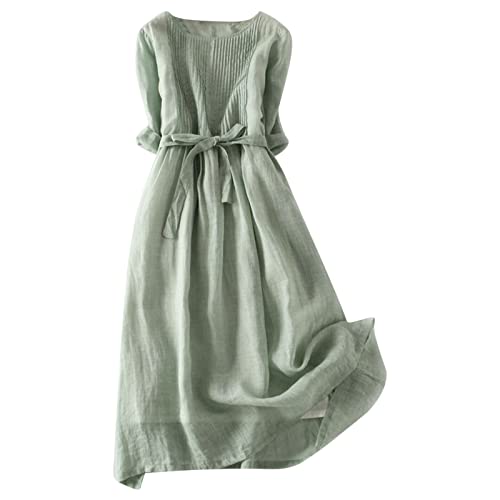 Baumwolle Leinen Sommerkleid Damen Retro Einfarbige Maxikleid 3/4 Ärmel Rundhals A-Linien Kleid Freizeitkleid mit Schnürung Strandkleid Knöchellang Swing Kleider Partykleid Urlaubskleid von Dyhxuan