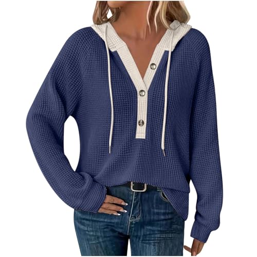 Dyhxuan Black Friday Angebote 2024 Hoodie Damen Oversize Waffel Pullover Farbblock V Ausschnitt Sweatshirt Knopfleiste Langarmshirt mit Kapuze Freizeit Kapuzenpullover Tops Langarm Oberteile Hoody von Dyhxuan