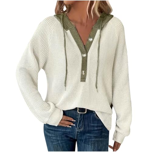 Dyhxuan Black Friday Angebote 2024 Hoodie Damen Oversize Waffel Pullover Farbblock V Ausschnitt Sweatshirt Knopfleiste Langarmshirt mit Kapuze Freizeit Kapuzenpullover Tops Langarm Oberteile Hoody von Dyhxuan