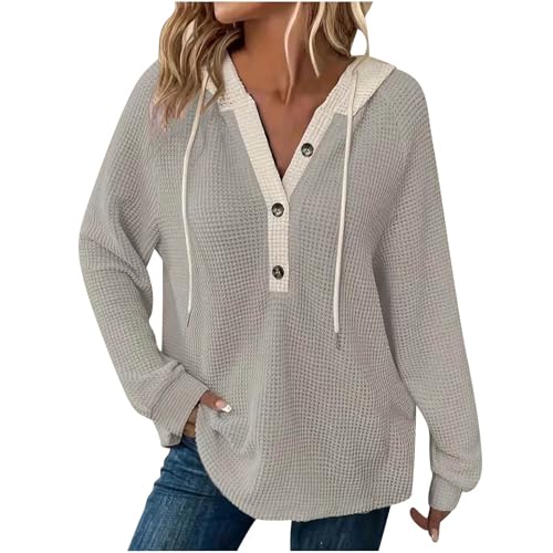 Dyhxuan Black Friday Angebote 2024 Hoodie Damen Oversize Waffel Pullover Farbblock V Ausschnitt Sweatshirt Knopfleiste Langarmshirt mit Kapuze Freizeit Kapuzenpullover Tops Langarm Oberteile Hoody von Dyhxuan