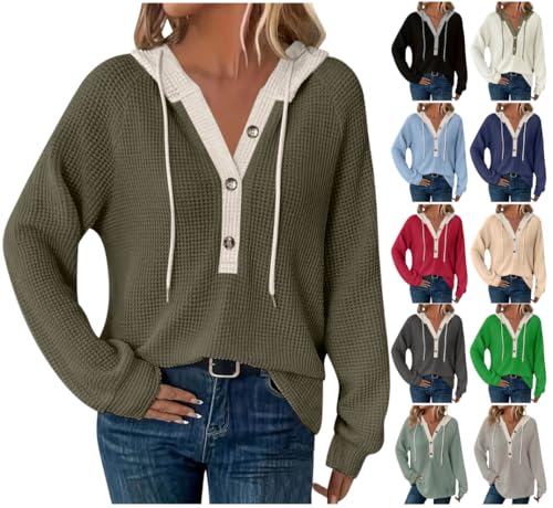 Dyhxuan Black Friday Angebote 2024 Hoodie Damen Oversize Waffel Pullover Farbblock V Ausschnitt Sweatshirt Knopfleiste Langarmshirt mit Kapuze Freizeit Kapuzenpullover Tops Langarm Oberteile Hoody von Dyhxuan