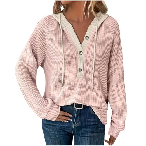 Dyhxuan Black Friday Angebote 2024 Hoodie Damen Oversize Waffel Pullover Farbblock V Ausschnitt Sweatshirt Knopfleiste Langarmshirt mit Kapuze Freizeit Kapuzenpullover Tops Langarm Oberteile Hoody von Dyhxuan