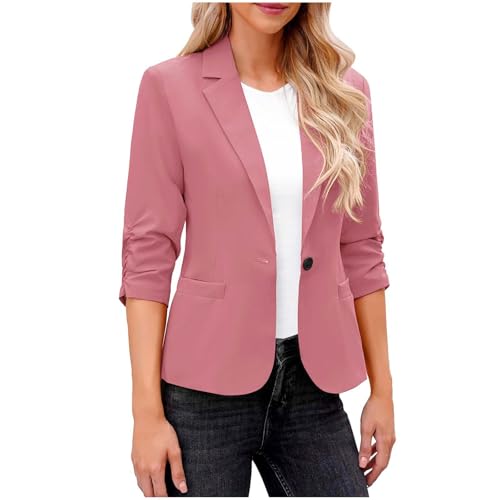 Dyhxuan Blazer Damen Rosa Elegant 3/4 Arm Blazer Jacke Casual Sportlich Anzug Reverskragen Sweatblazer Vorne Offener Anzugjacke Trenchcoat Business Jacket fürs Büro Kurzblazer von Dyhxuan