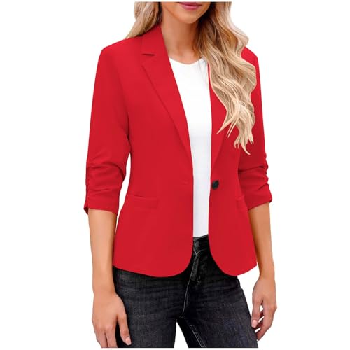 Dyhxuan Blazer Damen Rot Elegant 3/4 Arm Blazer Jacke Casual Kurzblazer Sportlich Anzug Reverskragen Sweatblazer Vorne Offener Anzugjacke Trenchcoat Business Jacket fürs Büro von Dyhxuan