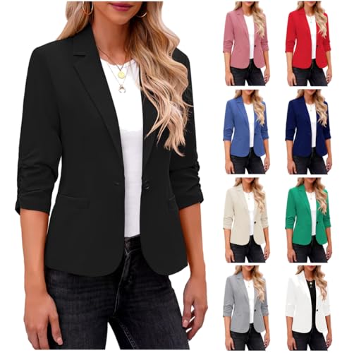 Dyhxuan Blazer Damen Schwarz Elegant 3/4 Arm Blazer Jacke Casual Sportlich Reverskragen Anzug Vorne Offener Anzugjacke Trenchcoat Business Jacket fürs Büro von Dyhxuan