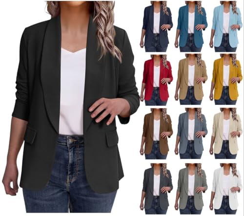 Dyhxuan Blazer Damen Schwarz Langarm Blazer Jacke Casual Reverskragen Cardigan Vorne Offener Anzugjacke Leicht Business Jacket Einfarbig Longblazer von Dyhxuan