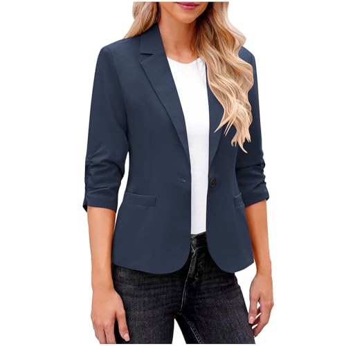 Dyhxuan Blazer Damen Sportlich Elegant 3/4 Arm Blazer Jacke Casual Kurzblazer Anzug Reverskragen Sweatblazer Vorne Offener Anzugjacke Trenchcoat Business Jacket fürs Büro von Dyhxuan