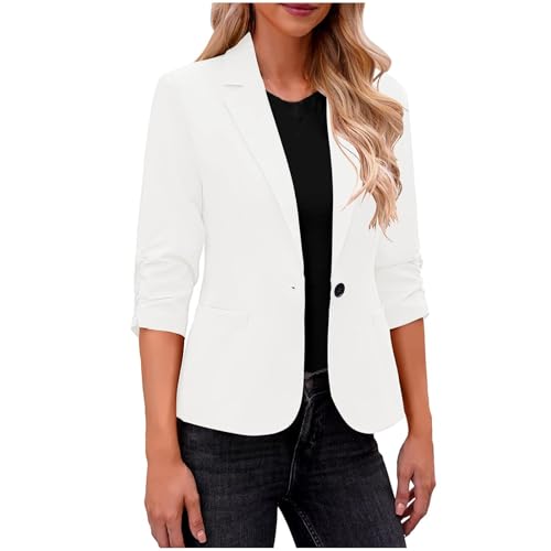 Dyhxuan Blazer Damen Weiss Elegant 3/4 Arm Blazer Jacke Casual Kurzblazer Sportlich Anzug Reverskragen Sweatblazer Vorne Offener Anzugjacke Trenchcoat Business Jacket fürs Büro von Dyhxuan