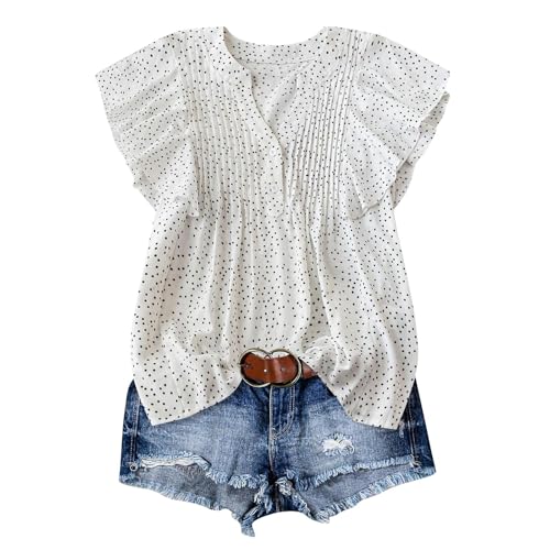 Dyhxuan Bluse Damen Elegant Blütenblattärmel Oberteile Knöpfe V-Ausschnitt Shirt Plissee Polka Dots T-Shirt Leicht Rüschenbluse Sommer Punkte Top Loose Atmungsaktive Blusenshirt T Shirt Tunika von Dyhxuan