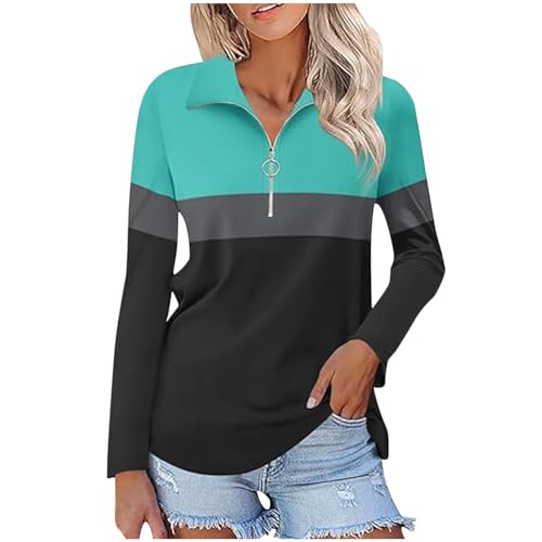 Dyhxuan Bluse Damen Farbblock Langarmshirt 1/4 Zip V-Ausschnitt Oberteile Elegant Umlegekragen Pullover Tops Lässig Langarm Tshirt Regular Fit T-Shirt Leicht Longsleeve Shirt Mode Tunika Damenblusen von Dyhxuan