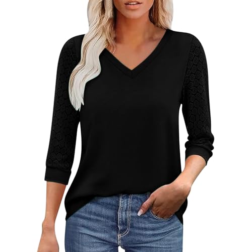 Dyhxuan Bluse Damen Spitze Patchwork T Shirt Elegant V-Ausschnitt Blusen Einfaribg 3/4 Arm T-Shirt Leicht Pullover Shirt Locker Casual Langarmshirt Tops Vielseitig Blusenshirt Tunika Longshirt von Dyhxuan