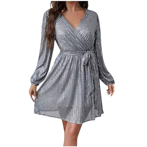 Dyhxuan Cocktailkleid Damen Einfarbige Pailletten Partykleid Elegant Knielang Abendkleid Langarm Ballkleid mit Rundhals Abiballkleid Brautjungfern Kleider Glitzerkleid Midikleid Hochzeitskleid von Dyhxuan