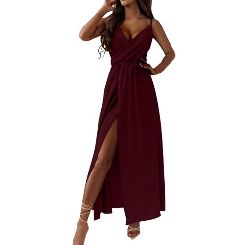 Dyhxuan Cocktailkleid Damen Sexy V-Ausschnitt Spaghetti Kleid Schlitze Maxikleid Hohe Taille A-Linie Brautjungfernkleid Elegant Abendkleider Einfarbig Abiballkleider Lang Partykleid Trägerkleid von Dyhxuan