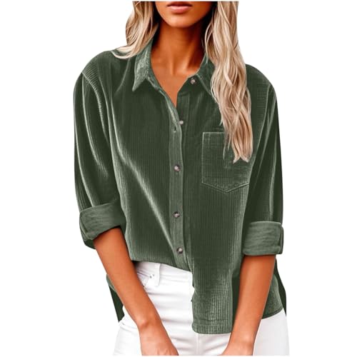 Dyhxuan Cordhemd Damen Button Down Langarm Cordbluse Elegant Frauen Hemd Cordjacke Einfarbig Hemdjacke Corduroy Dünne Jacket V-Ausschnitt Langarmshirt Casual Blusenshirt Frauen Hemdbluse Oberteile von Dyhxuan