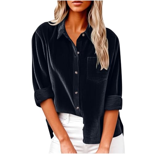 Dyhxuan Cordhemd Damen Button Down Langarm Cordbluse Elegant Frauen Hemd Cordjacke Einfarbig Hemdjacke Corduroy Dünne Jacket V-Ausschnitt Langarmshirt Casual Blusenshirt Frauen Hemdbluse Oberteile von Dyhxuan