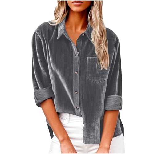 Dyhxuan Cordhemd Damen Button Down Langarm Cordbluse Elegant Frauen Hemd Cordjacke Einfarbig Hemdjacke Corduroy Dünne Jacket V-Ausschnitt Langarmshirt Casual Blusenshirt Frauen Hemdbluse Oberteile von Dyhxuan