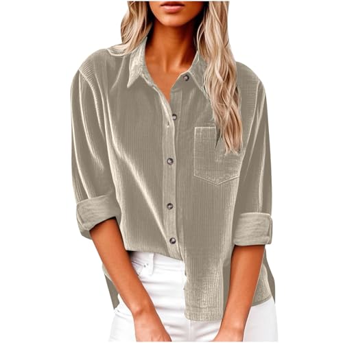Dyhxuan Cordhemd Damen Button Down Langarm Cordbluse Elegant Frauen Hemd Cordjacke Einfarbig Hemdjacke Corduroy Dünne Jacket V-Ausschnitt Langarmshirt Casual Blusenshirt Frauen Hemdbluse Oberteile von Dyhxuan