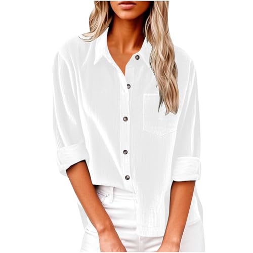 Dyhxuan Cordhemd Damen Button Down Langarm Cordbluse Elegant Frauen Hemd Cordjacke Einfarbig Hemdjacke Corduroy Dünne Jacket V-Ausschnitt Langarmshirt Casual Blusenshirt Frauen Hemdbluse Oberteile von Dyhxuan