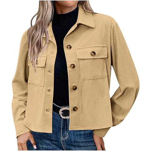 Dyhxuan Cordjacke Damen Kurz Revers Hemdjacke Einfarbig Langarm Jacke Autumn Übergangsjacke mit Tasche Button Down Cordhemd Dünne Langarmshirt Corduroy Freizeitjacke Trendy Hemdbluse 2024 von Dyhxuan