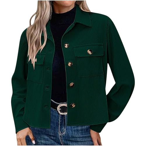 Dyhxuan Cordjacke Damen Kurz Revers Hemdjacke Einfarbig Langarm Jacke Autumn Übergangsjacke mit Tasche Button Down Cordhemd Dünne Langarmshirt Corduroy Freizeitjacke Trendy Hemdbluse 2024 von Dyhxuan