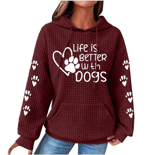 Dyhxuan Damen Baumwolle Hoodie Causal Langarm Kapuzenpullover Herbst Winter Warm Pullover Vintage Bunte Print Sweatshirt mit Kapuze Pulli Oberteile Mode Waffel Kapuzenpulli mit Taschen Outwear von Dyhxuan