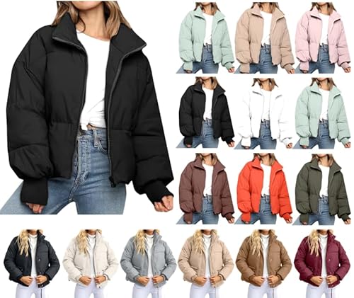 Dyhxuan Damen Cropped Fit Pufferjacke mit Breitem Stehkragen Modern Frauen Winterjacke Kurz Geschnitten Wattierte Steppjacke Jacke Winter Puffer Jacket Lässig Einfarbige Übergangsjacke Jacken Trend von Dyhxuan