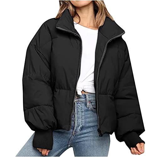 Dyhxuan Damen Cropped Fit Pufferjacke mit Breitem Stehkragen Modern Frauen Winterjacke Kurz Geschnitten Wattierte Steppjacke Jacke Winter Puffer Jacket Lässig Einfarbige Übergangsjacke Jacken Trend von Dyhxuan