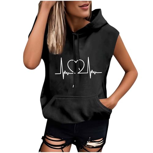 Dyhxuan Damen Hoodie Oversize Sweatshirt mit Kapuze Trendy Bedrucken Hoody Oberteile Kurzarm Kapuzenpullover mit Kängurutasche Leicht Sommer Kapuzenshirt Sleeveless Kapuzenpulli Streatwear von Dyhxuan