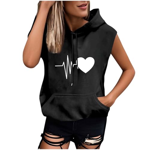 Dyhxuan Damen Hoodie Oversize Sweatshirt mit Kapuze Trendy Bedrucken Hoody Oberteile Kurzarm Kapuzenpullover mit Kängurutasche Leicht Sommer Kapuzenshirt Sleeveless Kapuzenpulli Streatwear von Dyhxuan