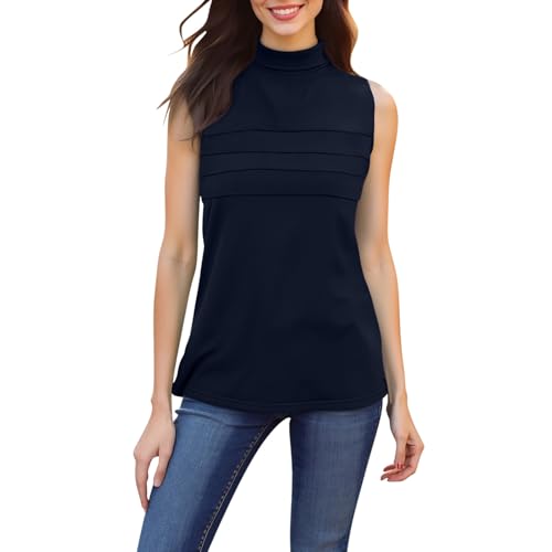 Dyhxuan Damen Rollkragen Top Ärmellose Rollkragenshirt Elegant Stehkragen Tanktop Plissee Oberteile Sommer Basic Shirt Einfarbig Blusentop Casual Unterhemden Leicht Sommertop fur Frauen von Dyhxuan