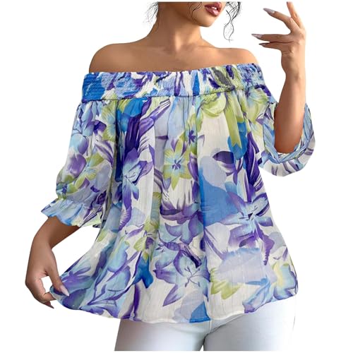 Dyhxuan Damen Schulterfreies Oberteile Elegant 3/4 Arm Shirt Stretch Off Shoulder Pullover Top Exquisit Blumendruck T-Shirt Leicht Locker Sommerbluse Rüschenärmel Bluse Casual Tunika Damenblusen von Dyhxuan
