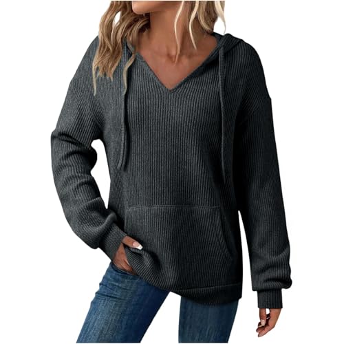 Dyhxuan Damen Sweatshirt mit Kapuze Gerippt Hoodie Casual V-Ausschnitt Kapuzenpullover Einfarbig Langarm Pullover Loose Hoody mit Tasche Kordelzug Kapuzenpulli Übergangs Langarmshirt Oberteile von Dyhxuan