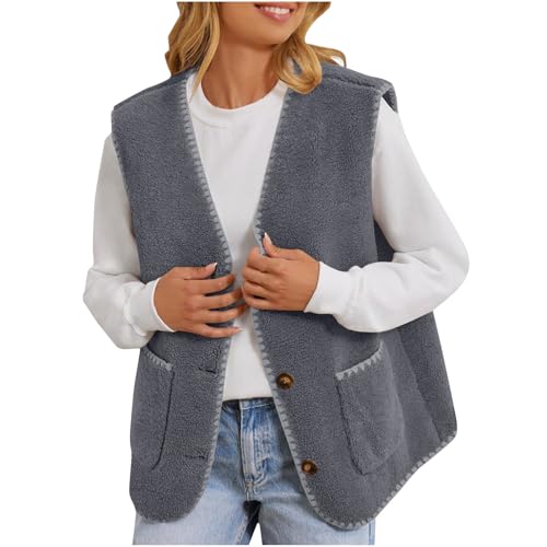 Dyhxuan Damen Teddy Fleece Weste Fleeceweste Autumn Winter Warm Ärmellos Fellweste Winterjacke Leicht Pelzjacke Plüschweste Lammwolle Herbstjacke Westen V-Ausschnitt Winterweste Lose Teddywesten von Dyhxuan